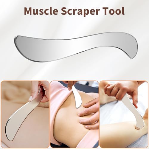 Muscle Scraper Tool, 4 in 1 Gua Sha Body Tool with Long Bar and Derma Edge for Physical Therapy, Multi-Functional Stainless Steel Gua Sha Tool with Storage Bag for Elbows, Wrists, Knees, and Back