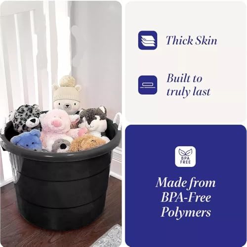 20 Gallon Storage Tub, Round Heavy Duty Plastic Container with Rope Handles, 21.5 x 21.5 x 16.5 inches (Black)