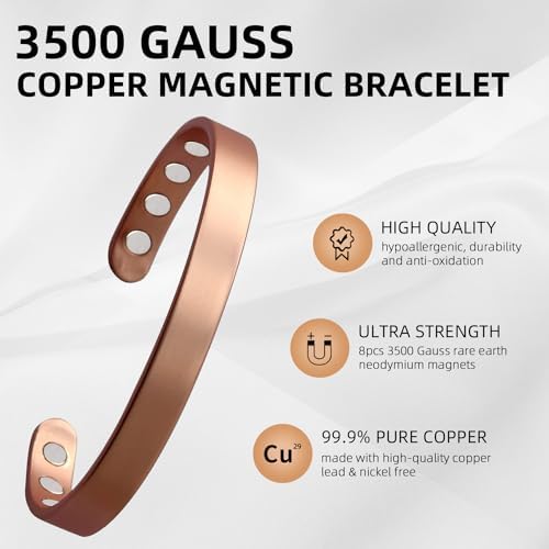 MagEnergy Copper Bracelet for Men and Women, 99.9% Pure Copper Magnetic Bangle with 8pcs 3500 Gauss Magnets, Adjustable Jewelry Gift