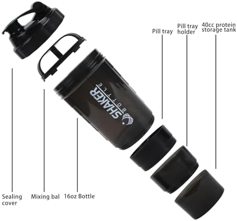 Shaker Bottle - Protein Shaker Cup with Storage Compartments - Leak-proof Workout Shake Bottles with Mixer for Smooth Mixing-500ML/16oz (PURE BLACK)
