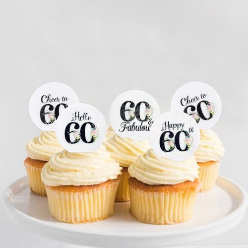 40Pcs Edible Circle Happy 60th Birthday Cupcake Toppers Edible Floral Hello 60 Fabulous Cheers to 60 Cupcake Picks Drink Toppers for Funny Female Floral 60th Birthday Party Decorations