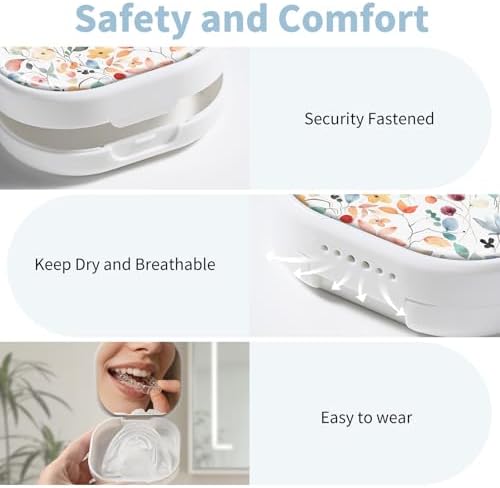 Retainer Case, Denture Case Night Guard Mouth Guard Compatible with Invisalign，With Mirror and Ventilation Holes，Colorful Bohemian Leaves