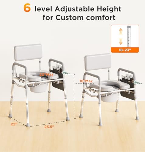 Bedside Commode with Padded Seat & Backrest, Aluminum Toilet with 6.5 qt Bucket, Easy-Clean, 350 lb Capacity Enhanced Crossbar, Portable Toilet for Seniors with Paper Holder & Newspaper Bag