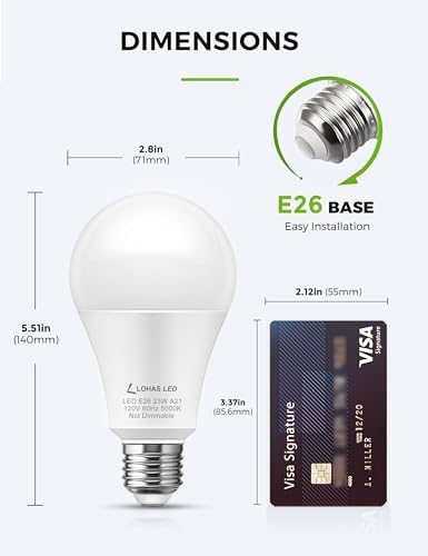 L LOHAS LED Super Bright White LED Light Bulb, A21 23W(150-200Watt Equivalent), 2500 High Lumen, 5000K Daylight, Garage Light Bulbs, E26 Porch Light Bulb, Non-Dim, No Flicker for Home Lighting, 2-Pack