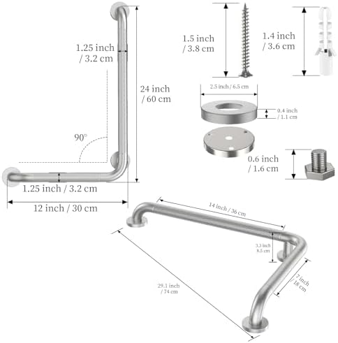 Brushed Nickel Angled Grab Bar 16x24 Inch, iHansee Bathroom Safety Bar w/Anti-Slip Knurled Grip, Wall Mount L Shaped Shower Handle for Elderly Senior Handicap, Toilet Bathtub Balance Support Bar