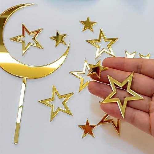 Moon Star Cake Toppers Acrylic Cake Decorations Twinkle Twinkle Little Star Celestial Cake Charms Mirror Gold for Over the Moon Baby Shower Wedding Birthday Party