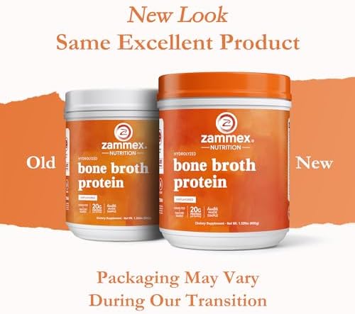 Zammex Pure Grass Fed Beef Bone Broth Protein Powder, 20g Protein, Hydrolyzed Collagen Supplement for Healthy Skin, Nails, Hair, Joints, Non-GMO, Gluten Free, Paleo & Keto Friendly, Great in Soup