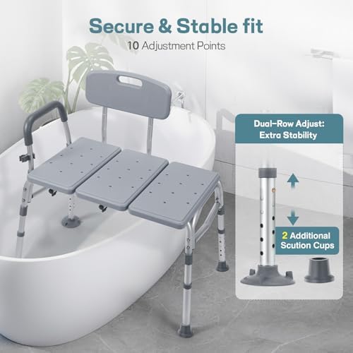 Tub Transfer Bench for Bathtub, Height Adjustable Shower Bench with Backrest, Shower Chair Bath Seat for Elderly, Seniors, Arm Support for Transfer-Gray