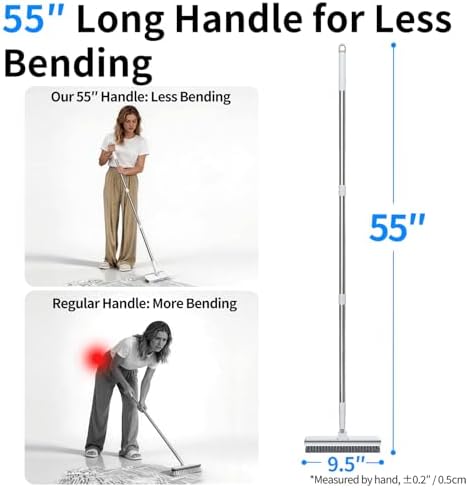 Floor Scrub Brush with 55" Long Handle, 2-in-1 Floor Brush with Built-in Squeegee, Adjustable Angle Head and Stiff Bristles for Tile, Wood, Concrete & Textured Floor Cleaning