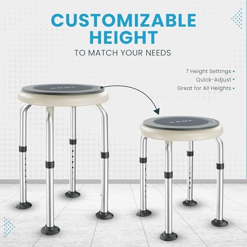 Swivel Shower Stool for Inside Shower – 360° Rotating Bath Chair for Seniors, Adults & Elderly, Adjustable Height Shower Seat with Non-Slip Feet, Aluminum Frame, Safe Round Stool for Daily Use