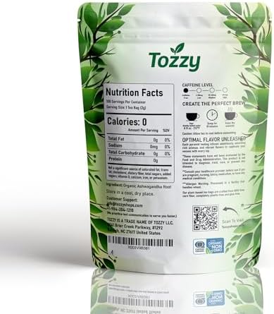 Tozzy Organic Ashwagandha Tea – 100 Count, Plant-Based Pyramid Tea Bags