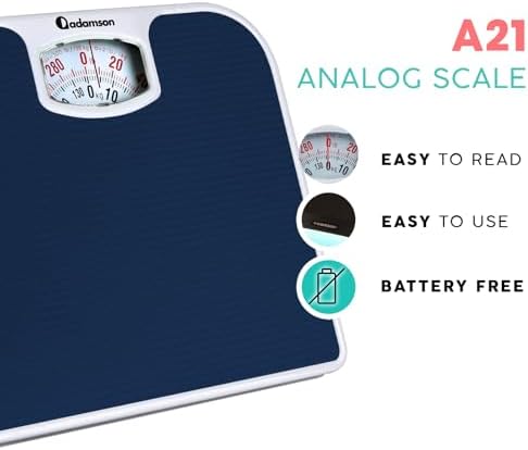 Adamson A21 Analog Scales for Body Weight - Up to 300 LB - New - Anti-Skid Rubber Surface - Large Numbers - Analog Bathroom Scale - Affordable - Durable with 20-Year Assurance - Blue