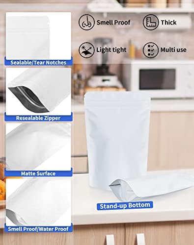 FireKylin 100 Pack Resealable Stand Up Bags,Smell Proof Pouch Sealable Foil Pouch Bags for Packaging (White, 4" x 6")