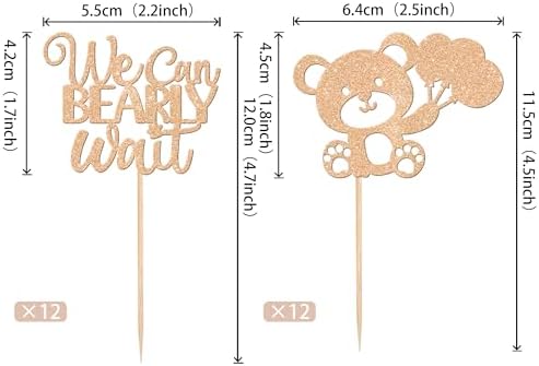 24 PCS We Can Bearly Wait Cupcake Toppers Glitter Balloon Bear Cupcake Picks Baby Shower Cake Decorations for Gender Reveal Theme Baby Shower Kids Birthday Party Supplies Champage Gold
