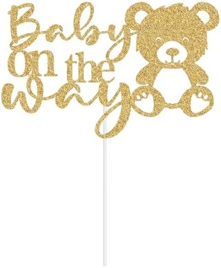 Glitter Baby On The Way Cake Topper - Pregnancy Announcements Cake Topper, Baby Bear Gender Reveal Birthday Party Decorations Gold