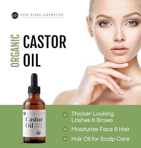 Kate Blanc Cosmetics Castor Oil Organic for Hair, Lashes, Face, Skin (2oz), 100% Pure, Cold Pressed, Hexane Free Hair Oil. Lash Serum for Thicker-Looking Eyelashes & Eyebrows