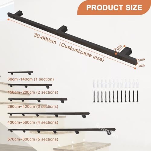 1ft - 20ft Modern Stair Handrail - Complete Kit，Anti-Slip Stair Railing Metal Wrought Iron Staircase Banister Hand Rails for Indoor Outdoor Loft Safety Grab Rail，Black(4ft/120cm)