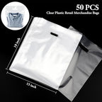 50 Pack Large Clear Plastic Shopping Bags with Die-Cut Handles, 15 x 18 Inch, 1.75 Mil Thick Retail Gift Bags for Events, Clothing & Boutiques