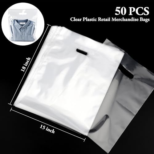 50 Pack Large Clear Plastic Shopping Bags with Die-Cut Handles, 15 x 18 Inch, 1.75 Mil Thick Retail Gift Bags for Events, Clothing & Boutiques