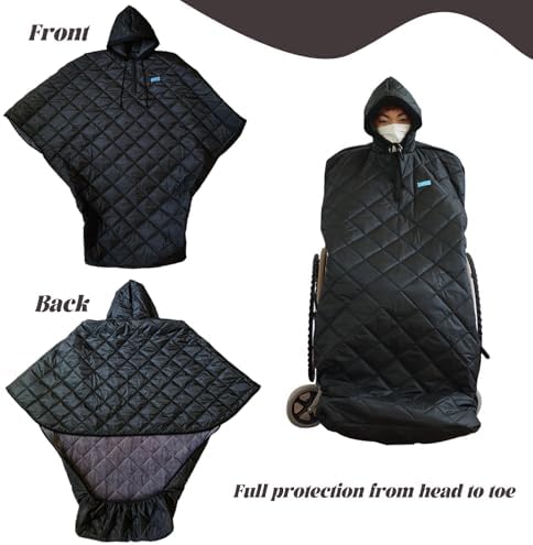 Waterproof Windproof Winter Wheelchair Full Body Warm Blanket, Lightweight Wheelchair Blanket with Zipper, Warmth Wheelchair Cloak poncho, Outdoor Fleece Lined Wheelchair Blanket for Adults with Hat(H