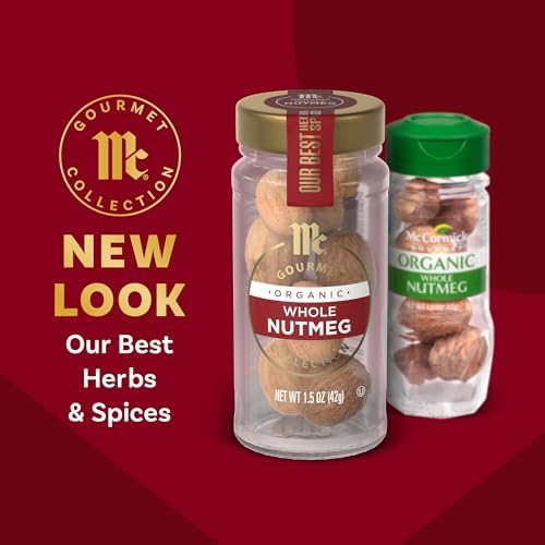 McCormick Gourmet Collection Nutmeg, Whole, Organic, Non GMO, Our Best Herbs & Spices, Fragrant, Sweetness and Warmth Enhances Eggnog, Custards, Cookies, Spice Cakes & More, 1.5 oz