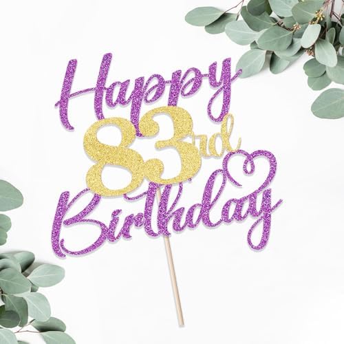 Purple gold Happy 83rd Birthday Cake Topper 1PCS Glitter Happy Birthday Cake Topper for 83rd Anniversary Theme Party Cake Decorations Supplies