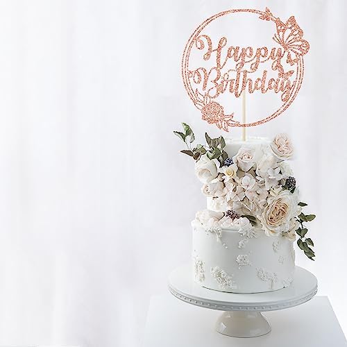 Rose Gold Glitter Butterfly Cake Toppers - Happy Birthday & Special Occasion Decorations