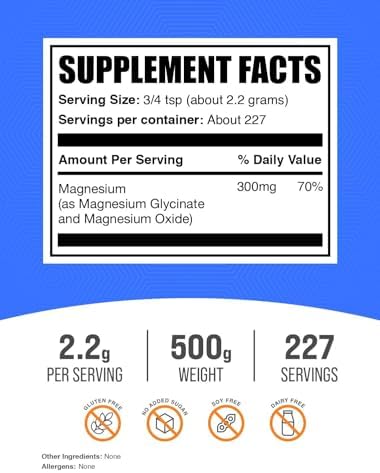 BulkSupplements.com Magnesium Glycinate Powder - Magnesium Glycinate 300mg, Highly Absorbable - Gluten Free, 2.2g per Serving, 500g (1.1 lbs) (Pack of 1)