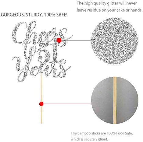51 Silver Glitter Happy 51st Birthday Cake Topper, Cheers to 51 Years Party Decorations, Supplies, cake topper
