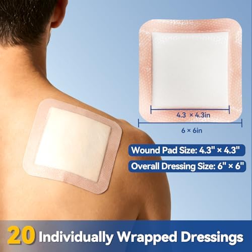 Dimora 20 Count Silicone Super Absorbent Wound Dressing 6" x 6" - Large Adhesive Bandage for Heavy Exudate, Border Wound Care Pads for Pressure Sore and Post-Surgical Incisions