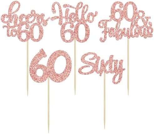30Pcs Happy 60th Birthday Cupcake Toppers Rose Gold Glitter Sixty Cake Toppers Cheers to 60 Years Old Birthday Cupcake Picks for 60th Anniversary Party Cake Decorations Supplies