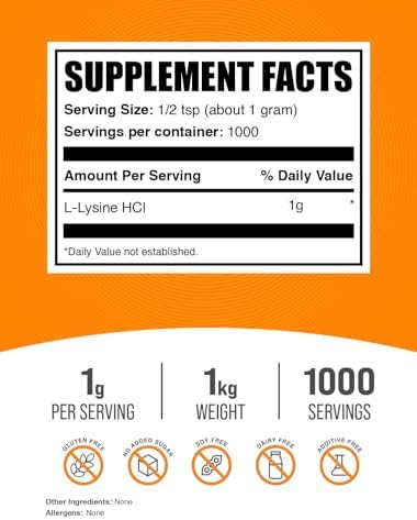 BulkSupplements.com L-Lysine Powder - Lysine Supplement, Essential Amino Acid, for Immune Support - Gluten Free, 1g per Serving, 1kg (2.2 lbs) (Pack of 1)