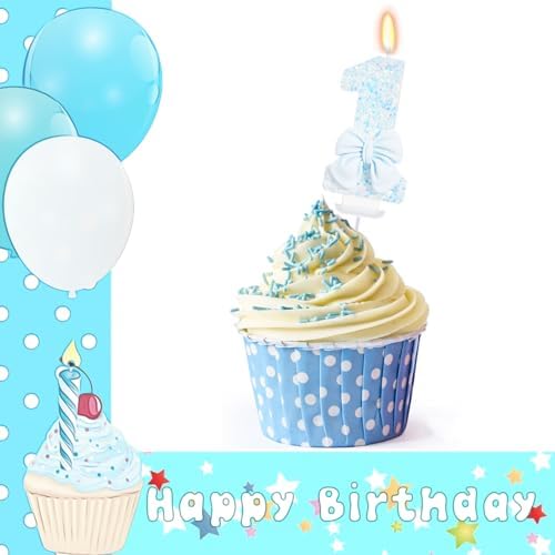 Birthday Candle for Cake, Blue Bow Number Candles, 2.76 inch Number Happy Birthday Candle, Cake Topper Decoration for Birthday Party (Number 1)