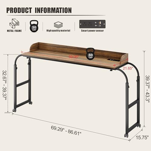 Over Bed Desk with Wheels Adjustable Height, King Size Overbed Table with LDE Lights and Human Sensor, Overbed Laptop Desk with Charging Station, Brown