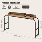 Over Bed Desk with Wheels Adjustable Height, King Size Overbed Table with LDE Lights and Human Sensor, Overbed Laptop Desk with Charging Station, Brown