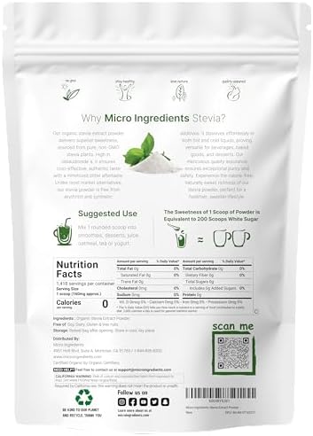 Micro Ingredients Pure Organic Stevia Powder, 8 Ounces, 1418 Serving, Highest Grade Stevia Green Leaf Extract Reb-A, Reduced Bitter Aftertaste, 0 Calorie, Natural Sweetener, Sugar Alternative, Keto Friendly