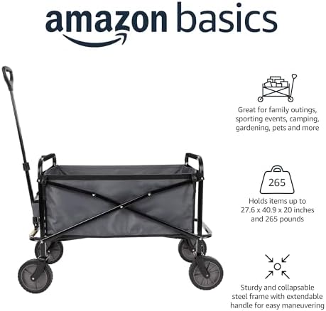 Amazon Basics Collapsible Heavy Duty Utility Wagon for Outdoor Sports, Camping, Garden, and Shopping, 265 Pounds Capacity, 27.6 x 40.9 x 20 inches, Gray