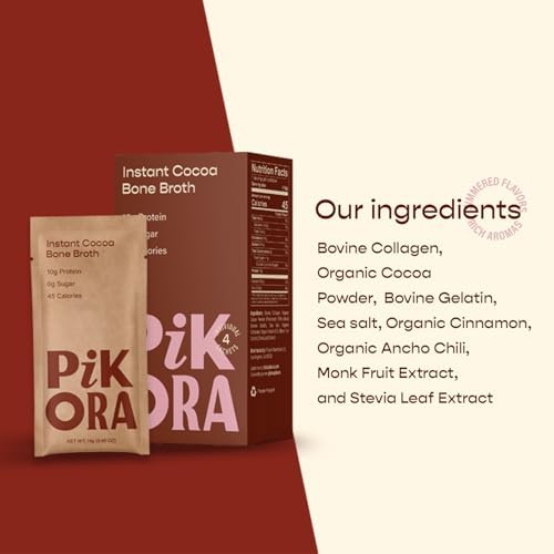 Pikora Bone Broth Discovery 3 Pack | Cocoa, Chicken & Beef | 10-11g Protein, 45-50 Calories per Serving | Collagen-Rich, Keto & Paleo Friendly | 12 Sachets Total