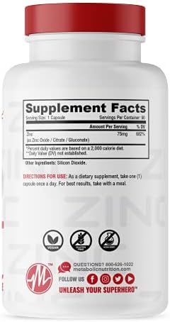 Zinc Supplement by Metabolic Nutrition, 75mg, 90 Zinc Capsules, Supports Immune System Function w/Zinc Oxide