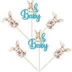 Gyufise 24Pcs Easter Bunny Oh Baby Cupcake Toppers Rabbit Baby Shower Cupcake Pick Decorations for Easter Theme Spring Birthday Baby Shower Party Supplies Blue Glitter