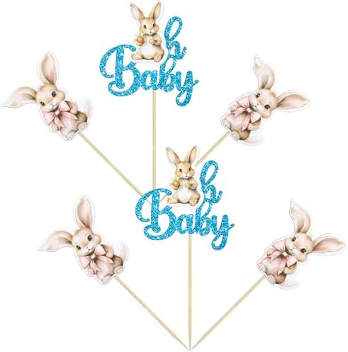 Gyufise 24Pcs Easter Bunny Oh Baby Cupcake Toppers Rabbit Baby Shower Cupcake Pick Decorations for Easter Theme Spring Birthday Baby Shower Party Supplies Blue Glitter