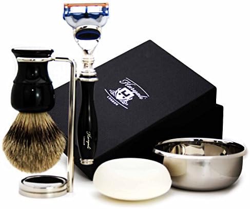 Haryali London 5 Pc Mens Shaving Kit 5 Edge Razor with Silver Tip Badger Hair Shaving Brush, Stand, Soap and Bowl Perfect Set for Men