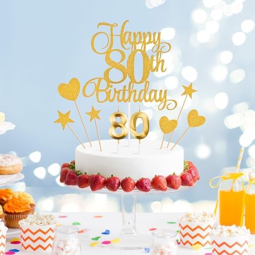 80th Birthday Cake Decorations, 80th Birthday Candles Cake Numeral Candles and Glitter Happy 80th Birthday Cake Toppers Set for Birthday Party Supplies (Gold)