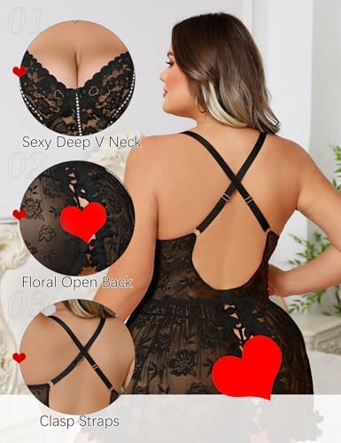 Mixxmix Plus Size Lingerie for Women Open Back Sexy Lingerie Dress Floral Lace Babydoll Chemise Lace Nightgown