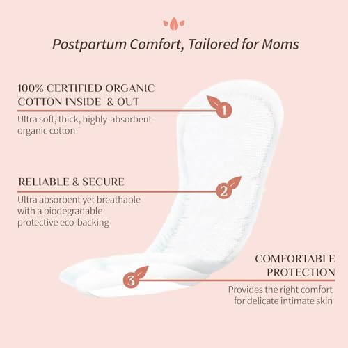 Organyc Hospital Postpartum Pads, 100% Certified Organic Cotton Inside and Out for Women, for First Days After Delivery, 3 Pack of 12 Count