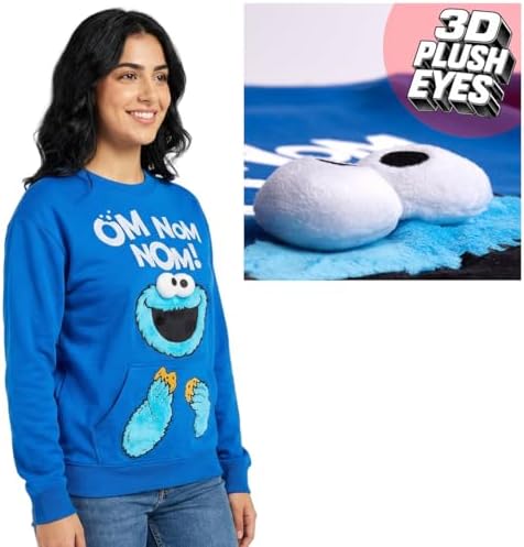 Sesame Street Cookie Monster Om Nom Nom Women's Blue Crew Neck Long Sleeve Sweatshirt