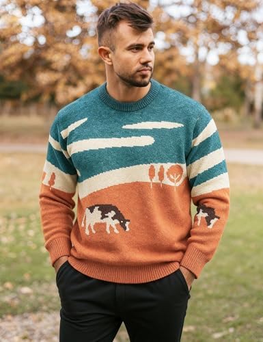 Flygo Men's Cow Sweater Harajuku Oversized Sweaters Chunky Casual Knit Pullover Jumper Fall Winter Fashion
