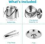 ChefBee Stainless Steel Ice Bucket - 3L Double-Wall Insulated Ice Buckets for Parties with Lid & Tongs, Large Champagne Wine Drink Container Holder, Ideal for Freezer Cocktail Home Bar Accessories