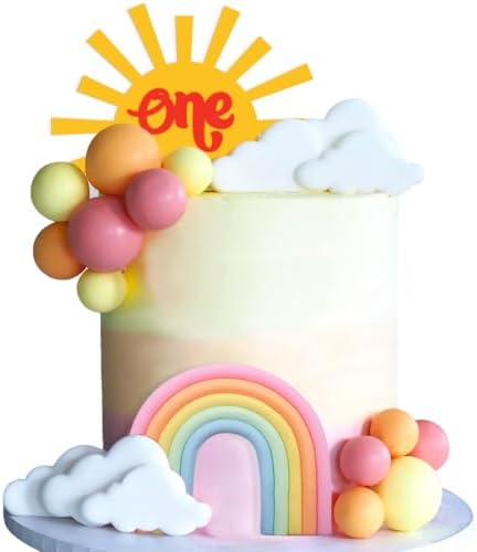20PCS Rainbow Cake Toppers Sunshine One Cake Decorations with Rainbow Acrylic Sun Clouds Orange Yellow Pink Balls for Sunshine One Themed Party Party