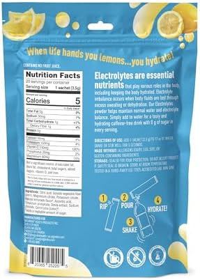 Organika Electrolytes Powder- Classic Lemonade Sachets- On-The-Go, Sugar-Free Hydration and Electrolyte Replenishment with Prebiotics and Vitamin C- 20 Servings